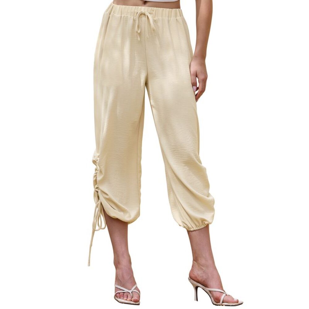Women Casual Summer Drawstring Cropped Wide Leg Pants Apricot